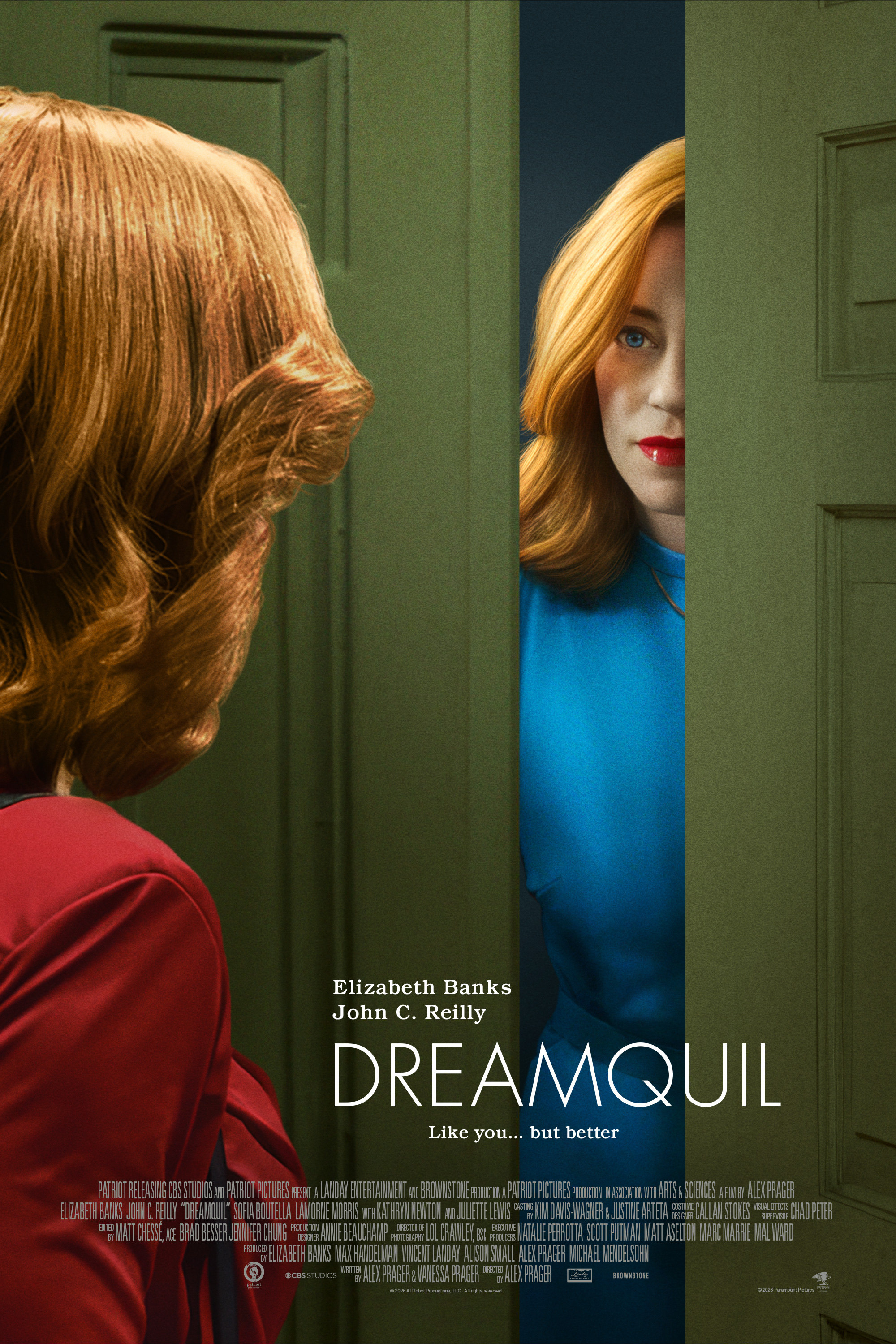 DreamQuil theatrical key art. A woman in red faces a red-haired double in a blue dress, looking through a green doorway.